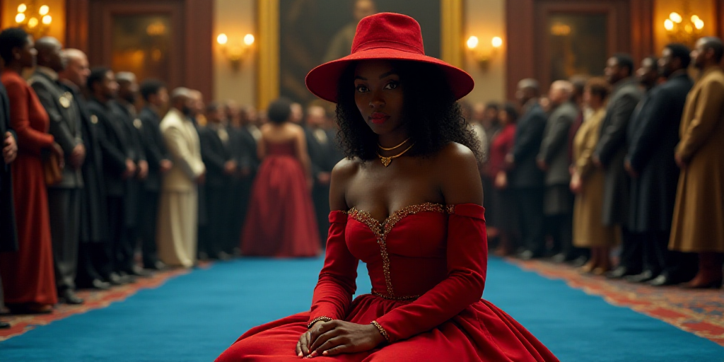 a woman in a red dress and hat sitting on a blue carpet with a crowd of people behind her, Ada Glady