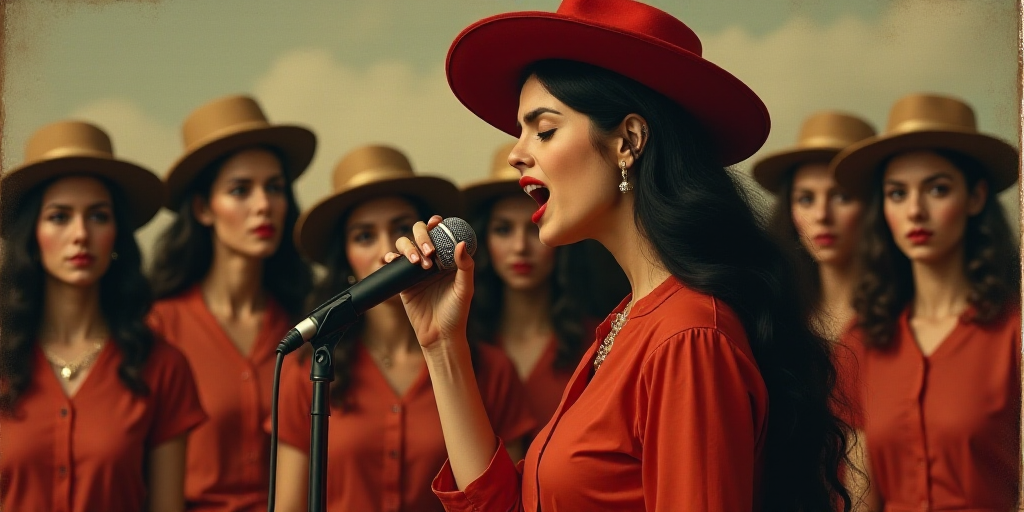 a woman in a red shirt and hat singing into a microphone with other people in the background wearing