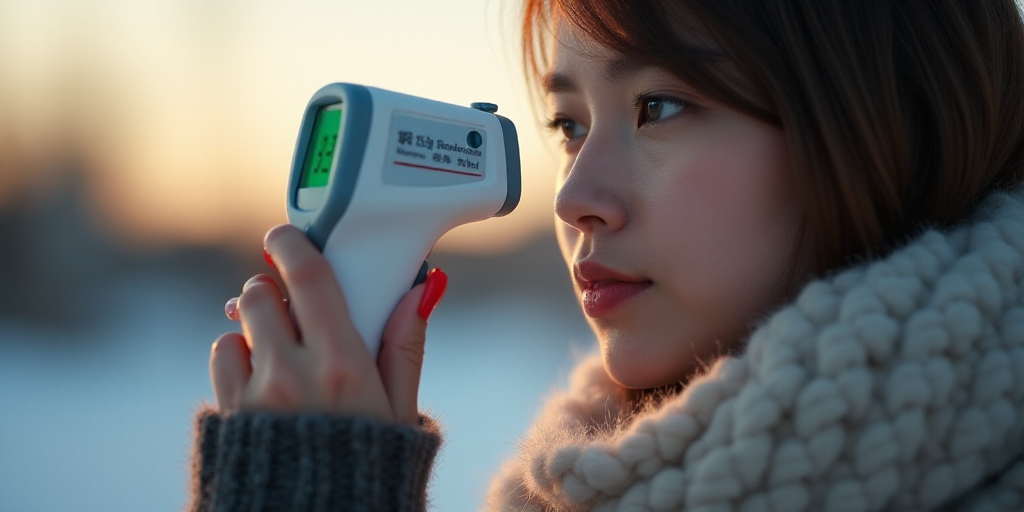 a woman in a scarf is using a thermometer to check her temperature while wearing a scarf and a scarf