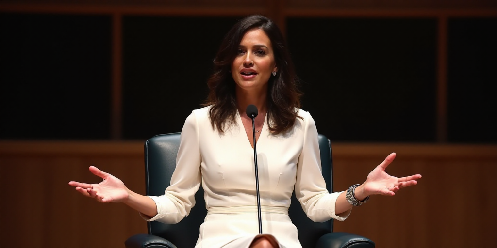a woman in a white dress sitting in a chair with her hands out and a microphone in front of her, Ame
