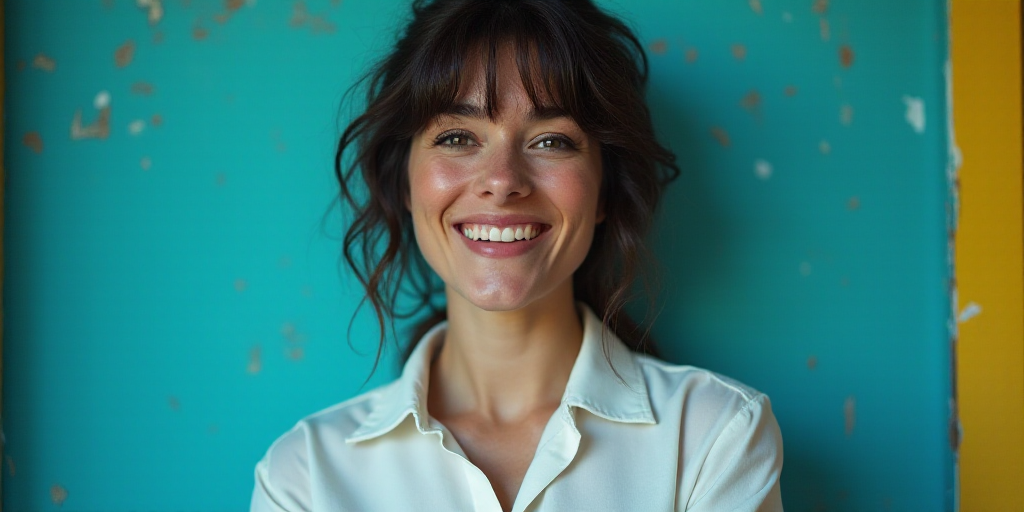 a woman in a white shirt is smiling for the camera with a blue background and a black and yellow bor