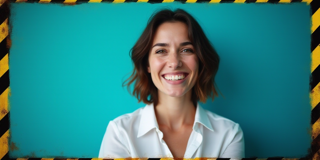 a woman in a white shirt is smiling for the camera with a blue background and a black and yellow bor
