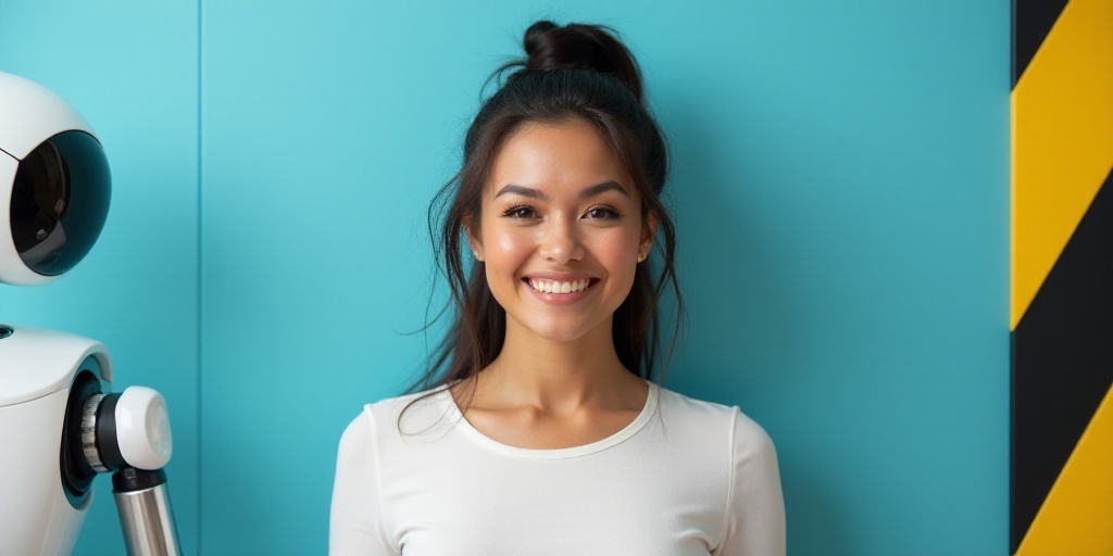 a woman in a white top is smiling for the camera with a blue background and a black and yellow borde
