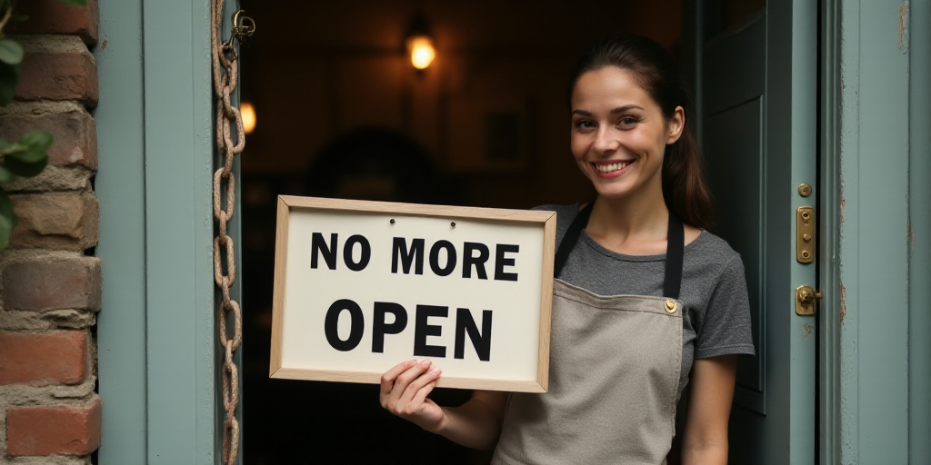 a woman in an apron holding a sign that says no more open hanging on a door with a chain, Claire Fal