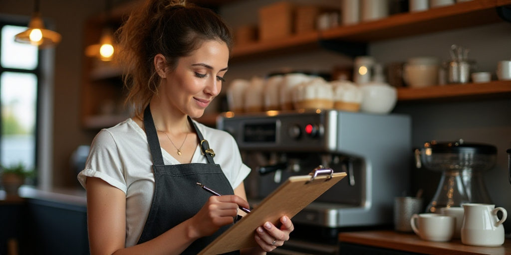 a woman in an apron is looking at a clipboard in a coffee shop with a coffee machine in the backgrou