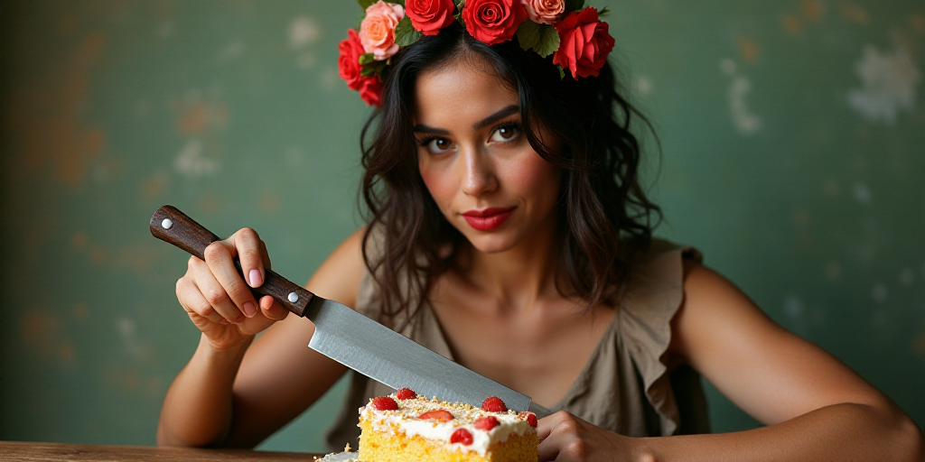a woman is cutting a piece of cake with a knife in her hand and a flowered headband on her head, Ara