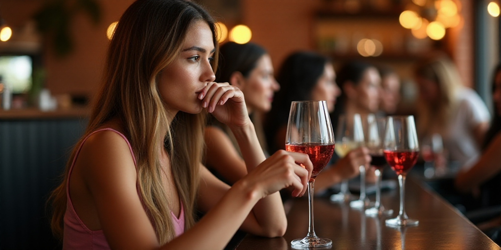 a woman is drinking a glass of wine at a bar with other women behind her and a brick wall, Araceli G