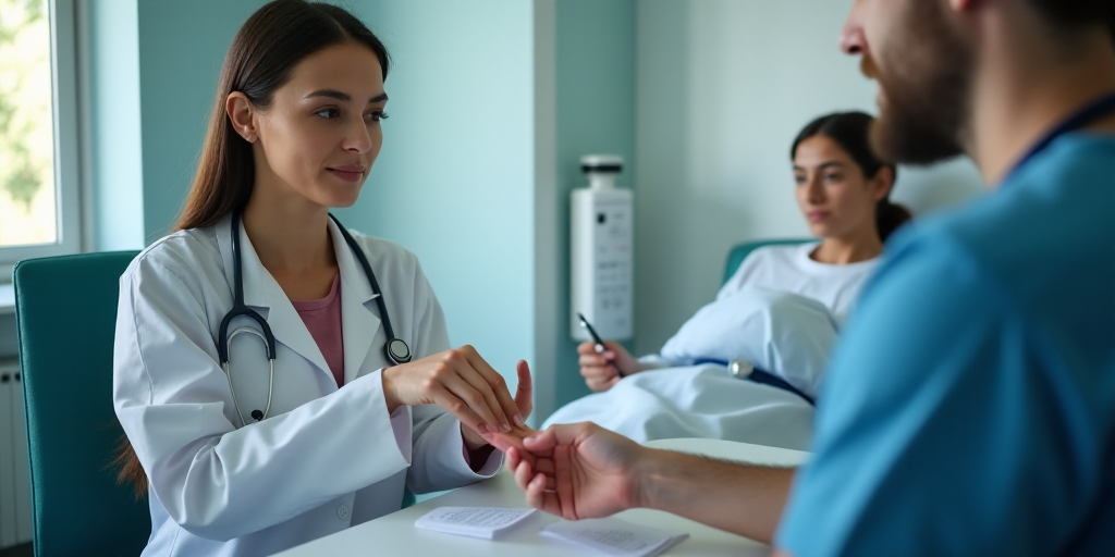 a woman is getting her finger examined by a doctor in a hospital room with a patient in the backgrou