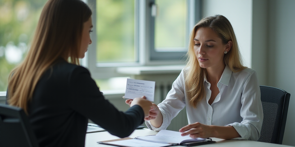 a woman is handing a check to another woman at a desk in an office setting with a clipboard, Dahlov