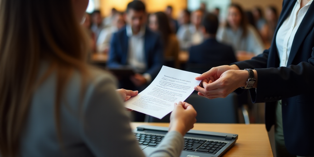 a woman is handing a woman a piece of paper from a laptop computer in a crowded room with other peop