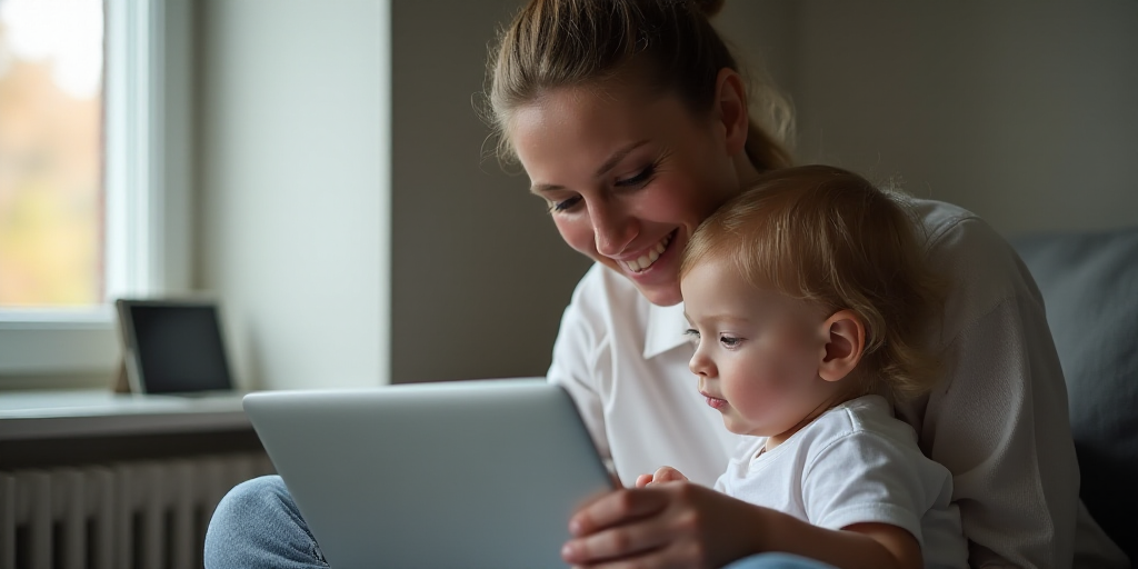 a woman is holding a child and looking at a laptop screen while holding a piece of paper in her hand