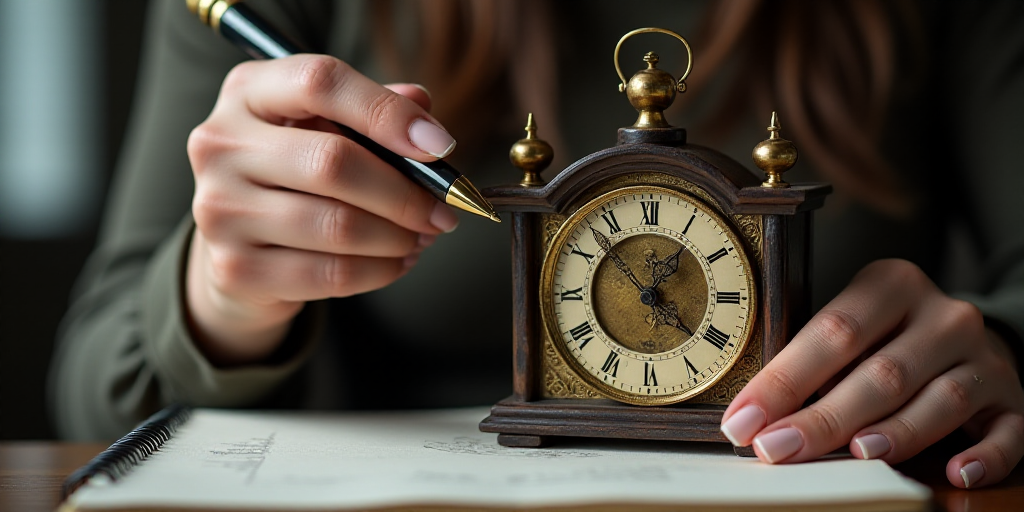 a woman is holding a clock in her hand and pointing at it with a pen and a notebook in front of her,