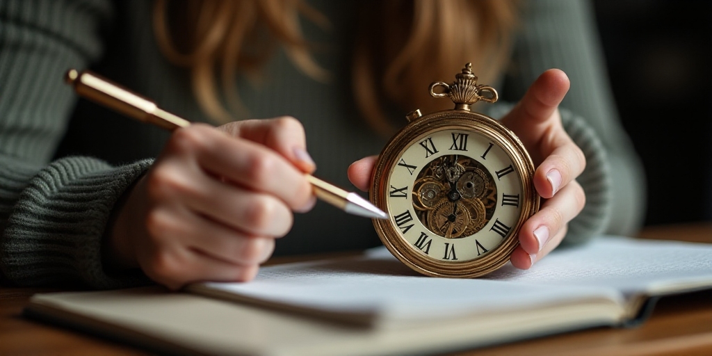 a woman is holding a clock in her hand and pointing at it with a pen and a notebook in front of her,