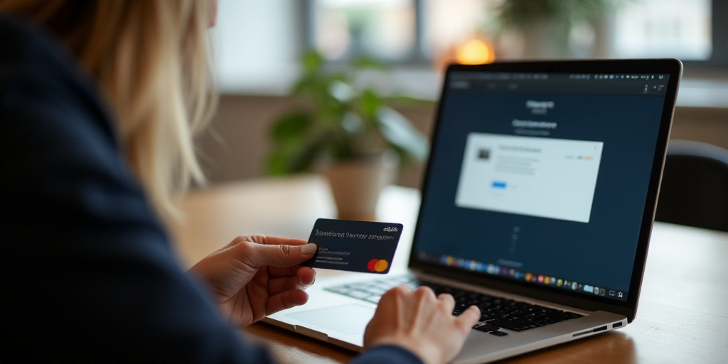 a woman is holding a credit card and looking at a laptop screen with a screen displaying a message o