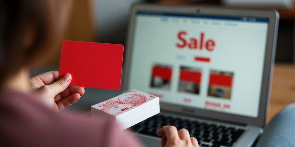 a woman is holding a red card and a box of cards in front of her laptop computer that is displaying