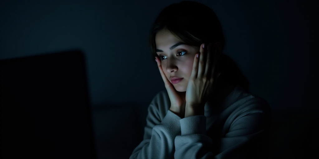 a woman is looking at a laptop screen in the dark, with her hands on her face and her hand on her fa