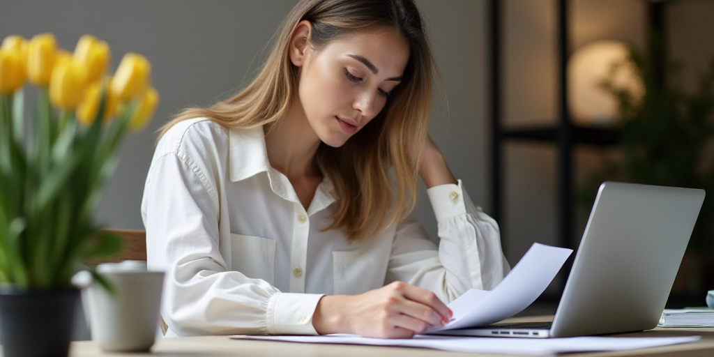 a woman is looking at a piece of paper while sitting at a desk with a laptop and flowers in the back