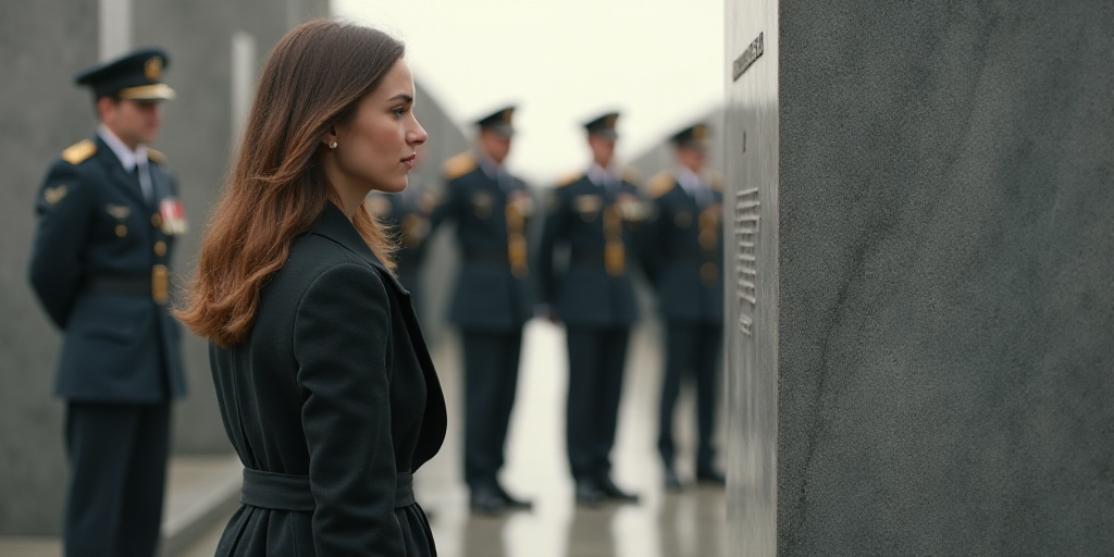 a woman is looking at a plaque in a cemetery with other people in uniform behind her and a man in un