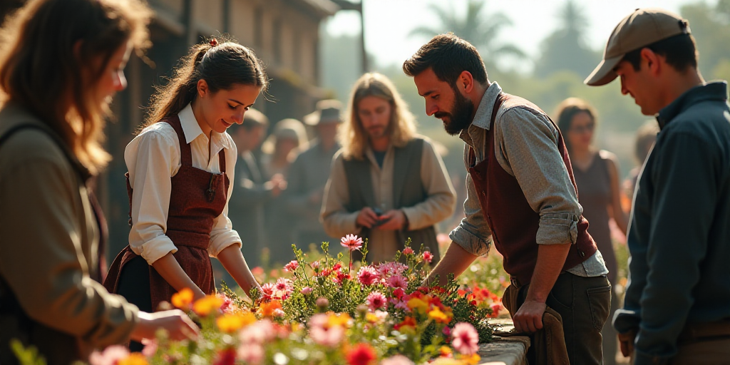 a woman is picking up flowers from a table with other people around her and a man is holding a bag,