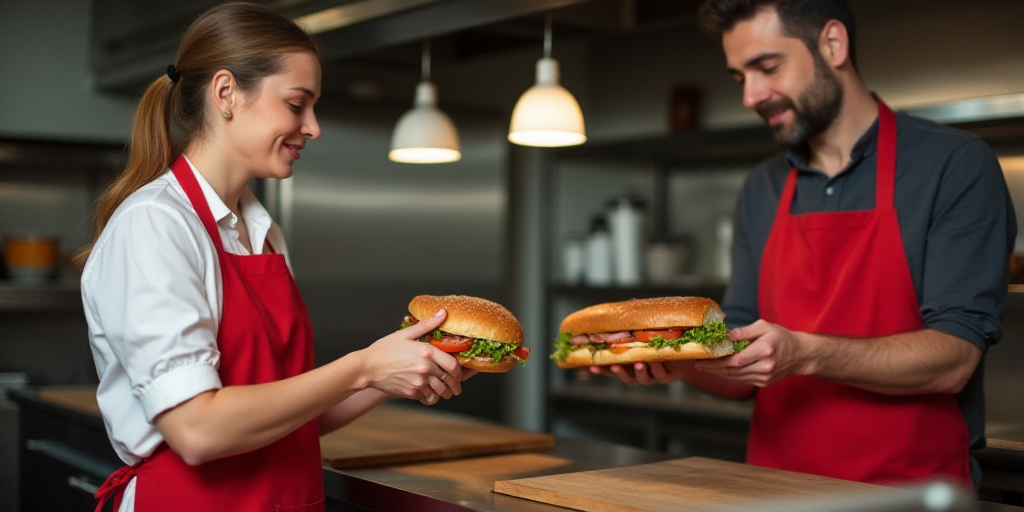 a woman is serving a sandwich to a man in a kitchen with a red apron and red apron on, Chippy, profe