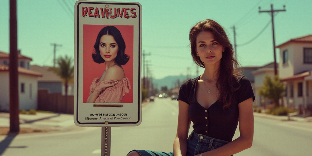 a woman is sitting in front of a sign with a picture of her on it and a caption for the real estate