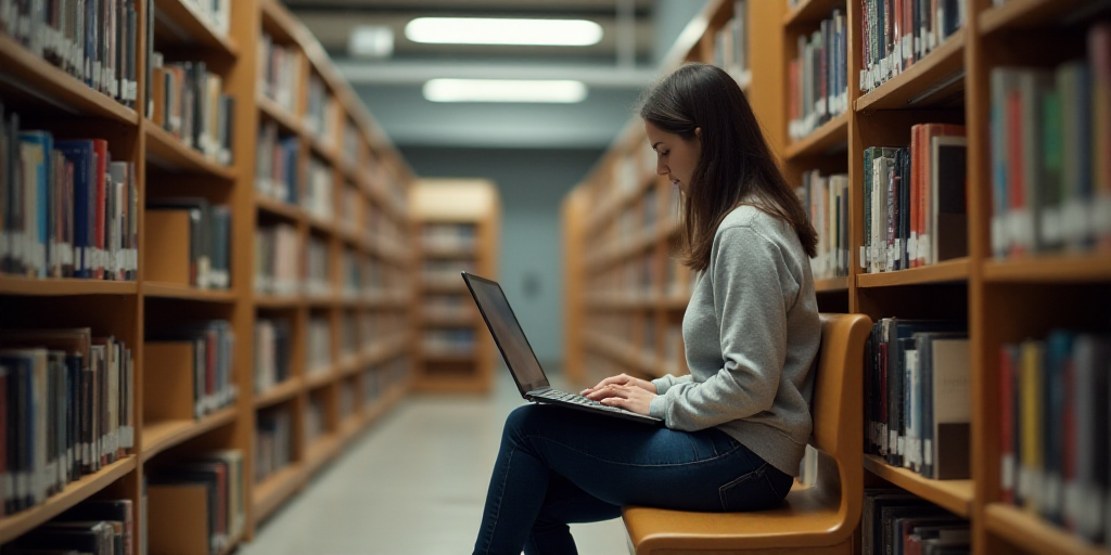 a woman is sitting on a bench in a library reading a book and looking at a laptop computer on a shel