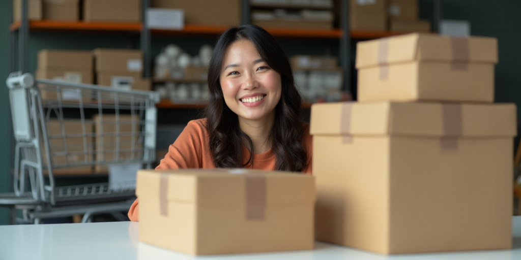 a woman is smiling while sitting at a table with boxes on it and a shopping cart in the background,