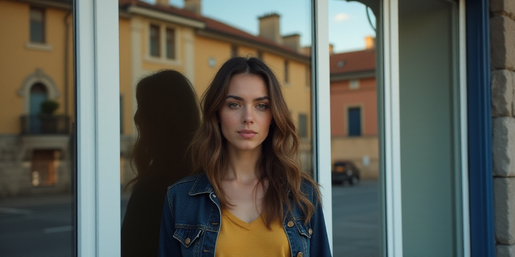 a woman is standing in front of a building with a reflection of her in the window of the building, C