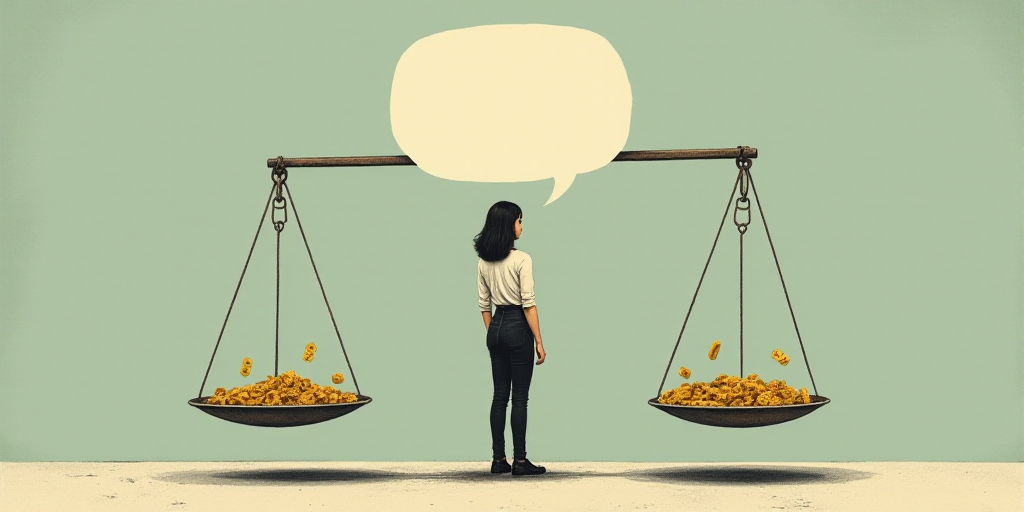 a woman is standing in front of a balance scale with money symbols on it and a speech bubble above h