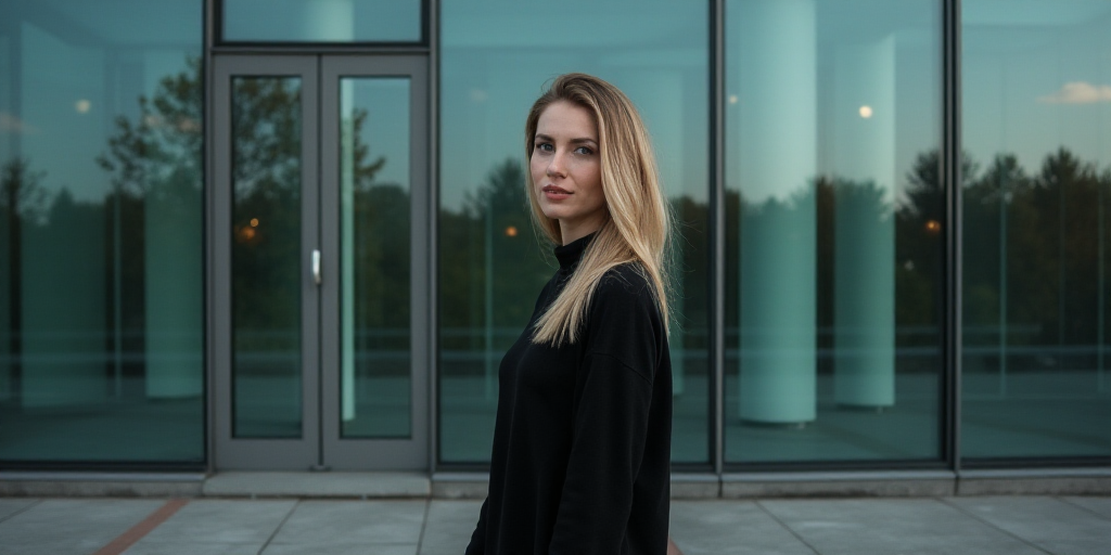 a woman is standing in front of a building with a reflection of her face on the glass of the buildin
