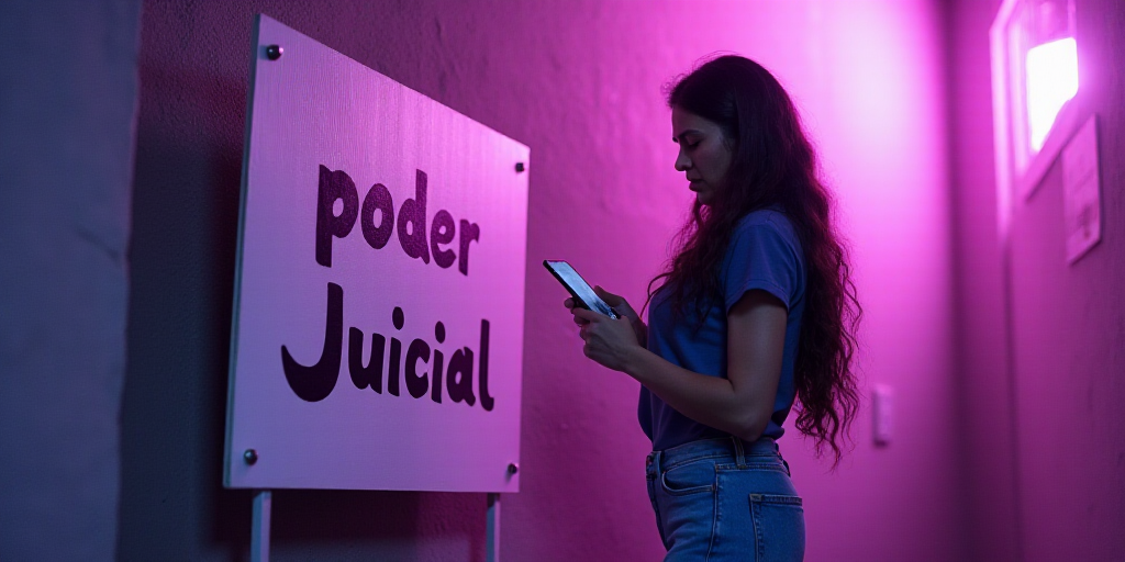 a woman is standing next to a sign that reads poder judicial on it and is holding a cell phone, Fede