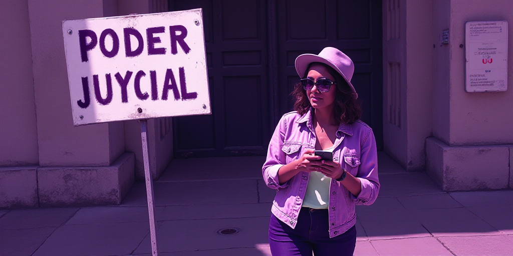 a woman is standing next to a sign that reads poder judicial on it and is holding a cell phone, Fede