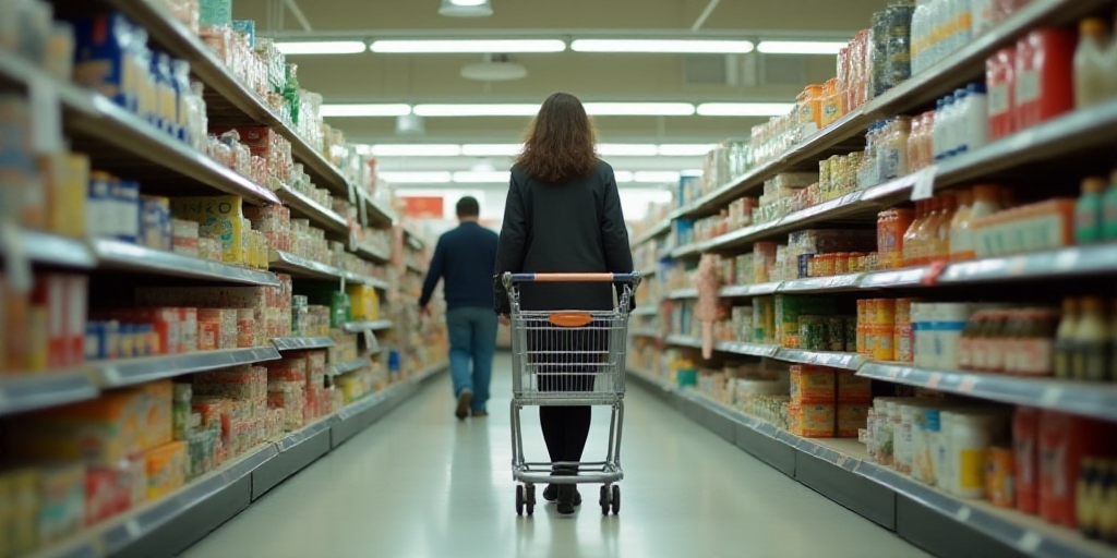 a woman is walking down a grocery aisle with a shopping cart in front of her and a man in the backgr