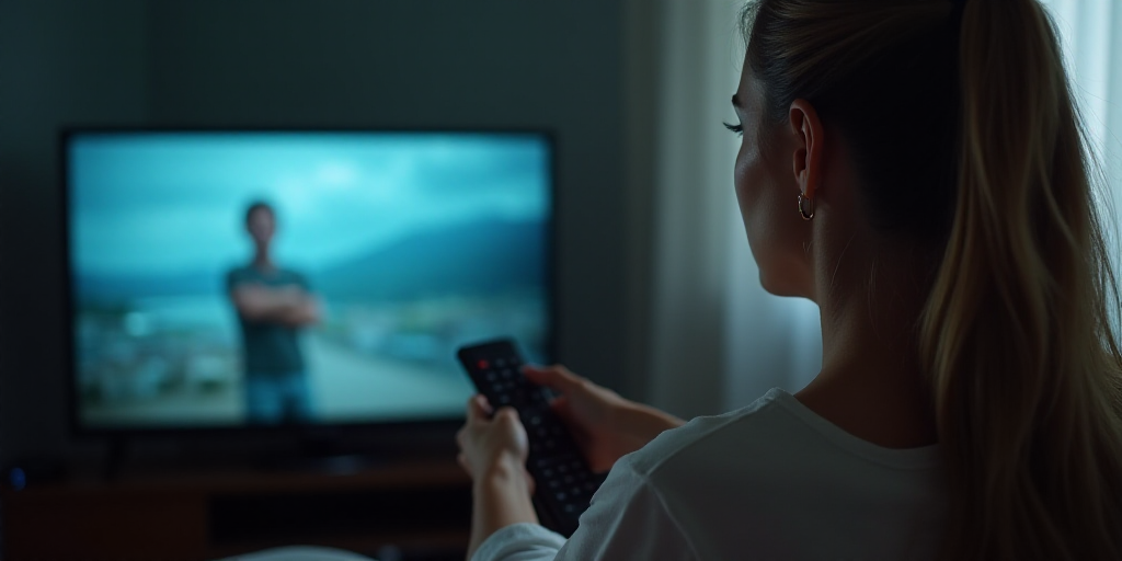 a woman is watching television with a remote control in her hand and a television in the background
