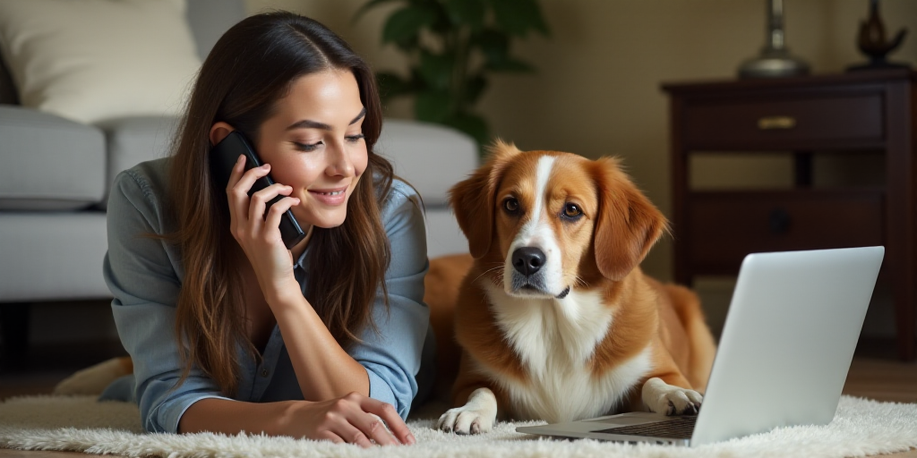 a woman laying on the floor talking on a cell phone next to a dog and laptop computer on the floor,
