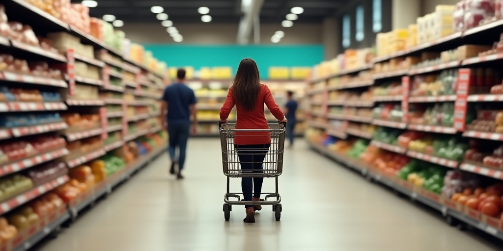 a woman pushing a shopping cart through a grocery store aisle with people shopping in the aisles beh