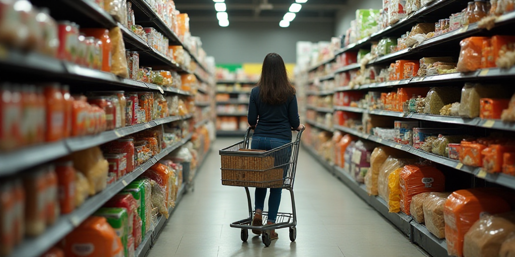 a woman pushing a shopping cart down a grocery aisle in a store with a large amount of food on the s