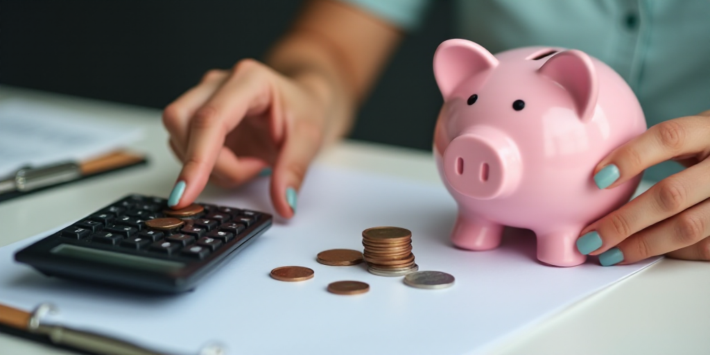a woman putting a coin into a piggy bank next to a calculator and a clipboard, Évariste Vital Lumin