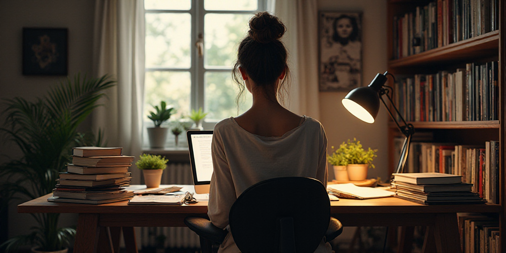 a woman sitting at a desk in a room with lots of books and a lamp on it's side, Évariste Vital Lumi