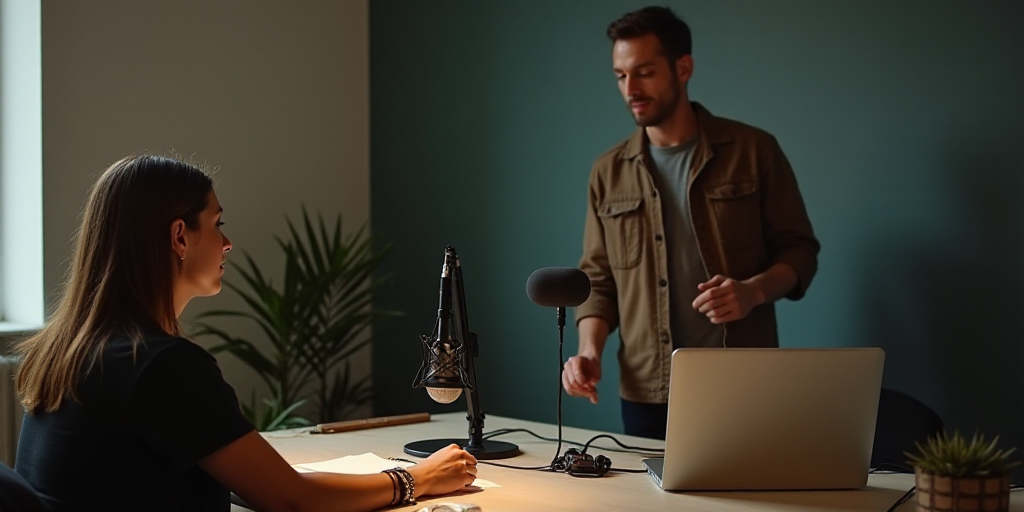 a woman sitting at a desk with a computer in front of her and a man standing behind her with a micro