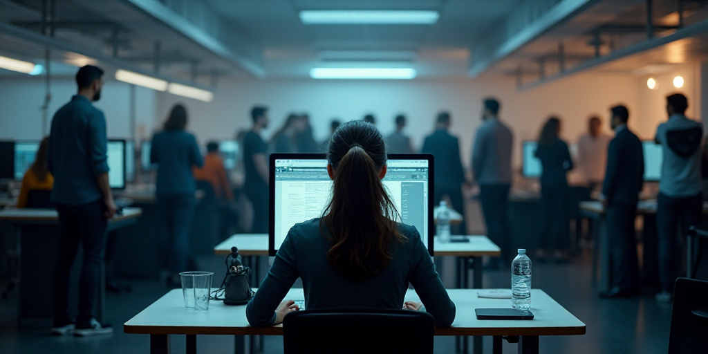 a woman sitting at a desk with a computer in front of her and a lot of people standing around, Engue
