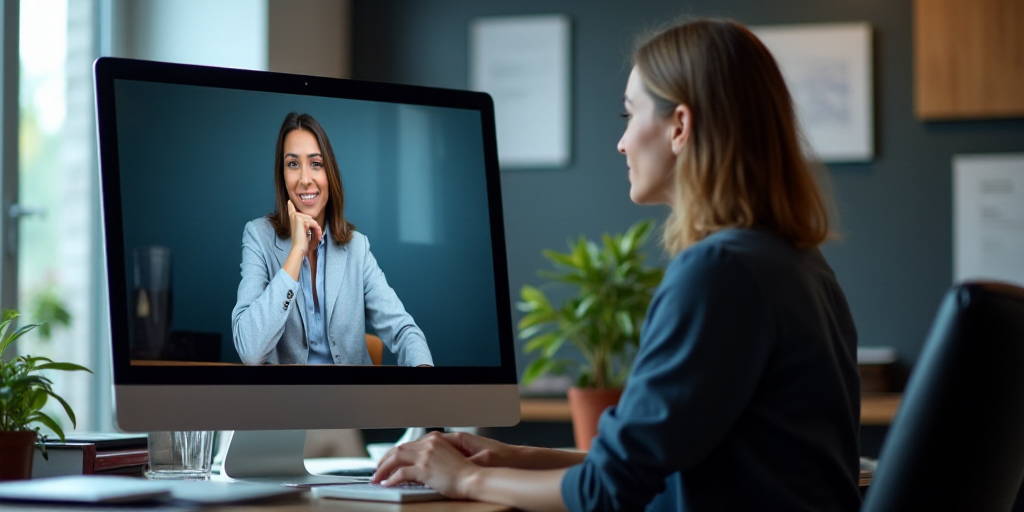 a woman sitting at a desk with a computer and a video conference on the screen in front of her, Avgu