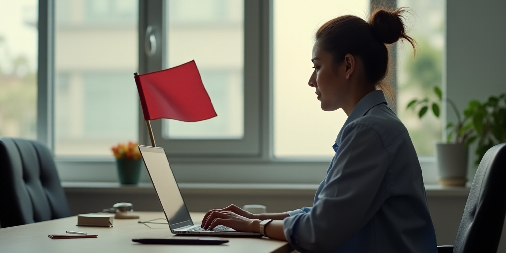 a woman sitting at a desk with a laptop computer in front of her and a flag on top of her, Carlos Tr