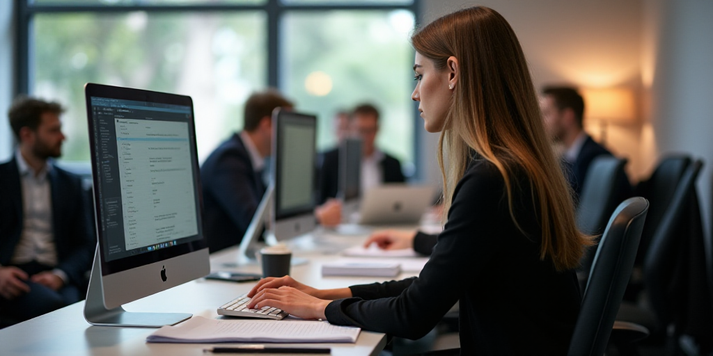a woman sitting at a desk with a computer in front of her and a group of people in the background, B