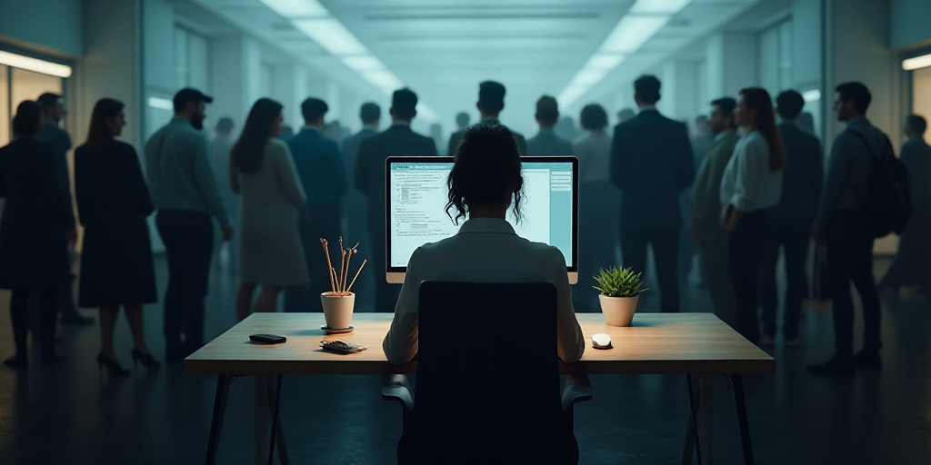 a woman sitting at a desk with a computer in front of her and a lot of people standing around, Engue