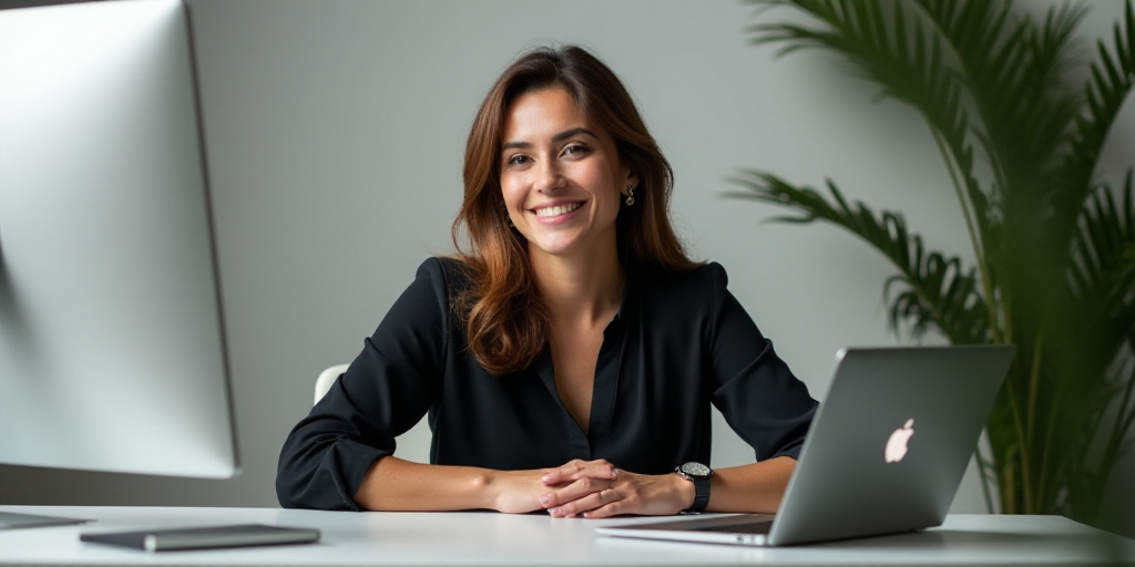a woman sitting at a desk with a laptop and a monitor on it, smiling for the camera, with a plant in