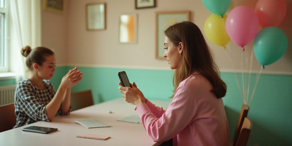 a woman sitting at a table with a woman holding a cell phone in her hand and a balloon in the backgr