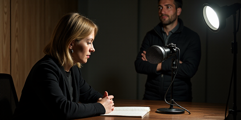 a woman sitting at a table with a microphone in front of her and a man standing behind her in front