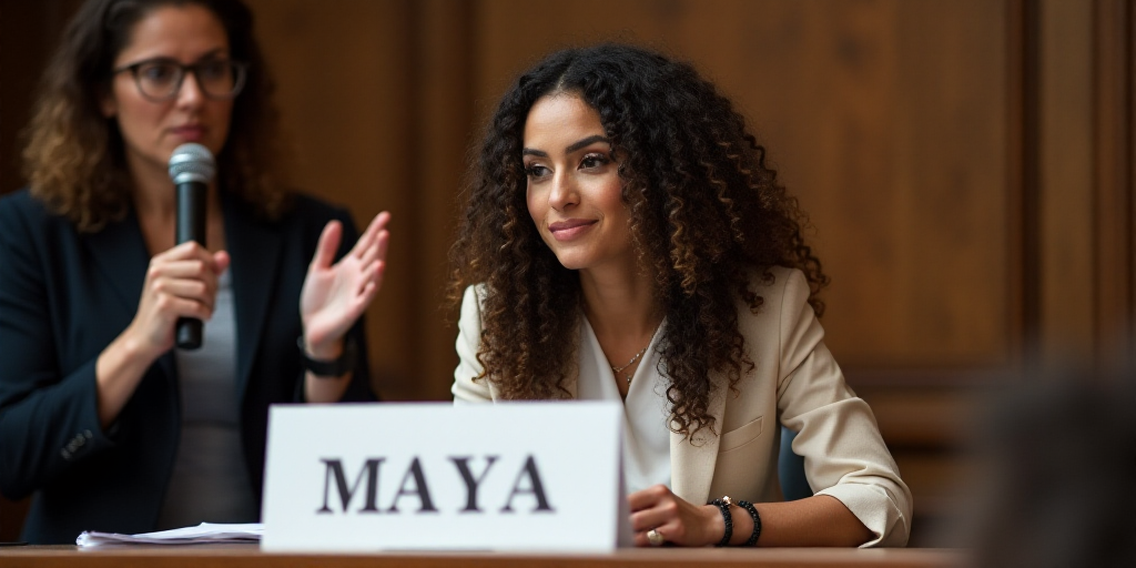 a woman sitting at a table with a sign in front of her and another woman standing behind her with a