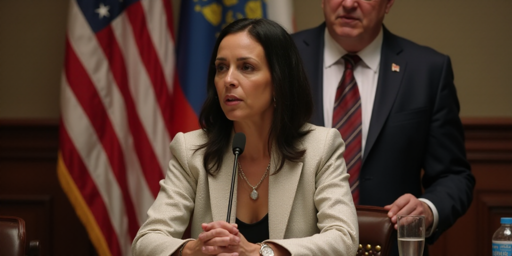 a woman sitting at a table with a microphone in front of her and two flags behind her and a man in a